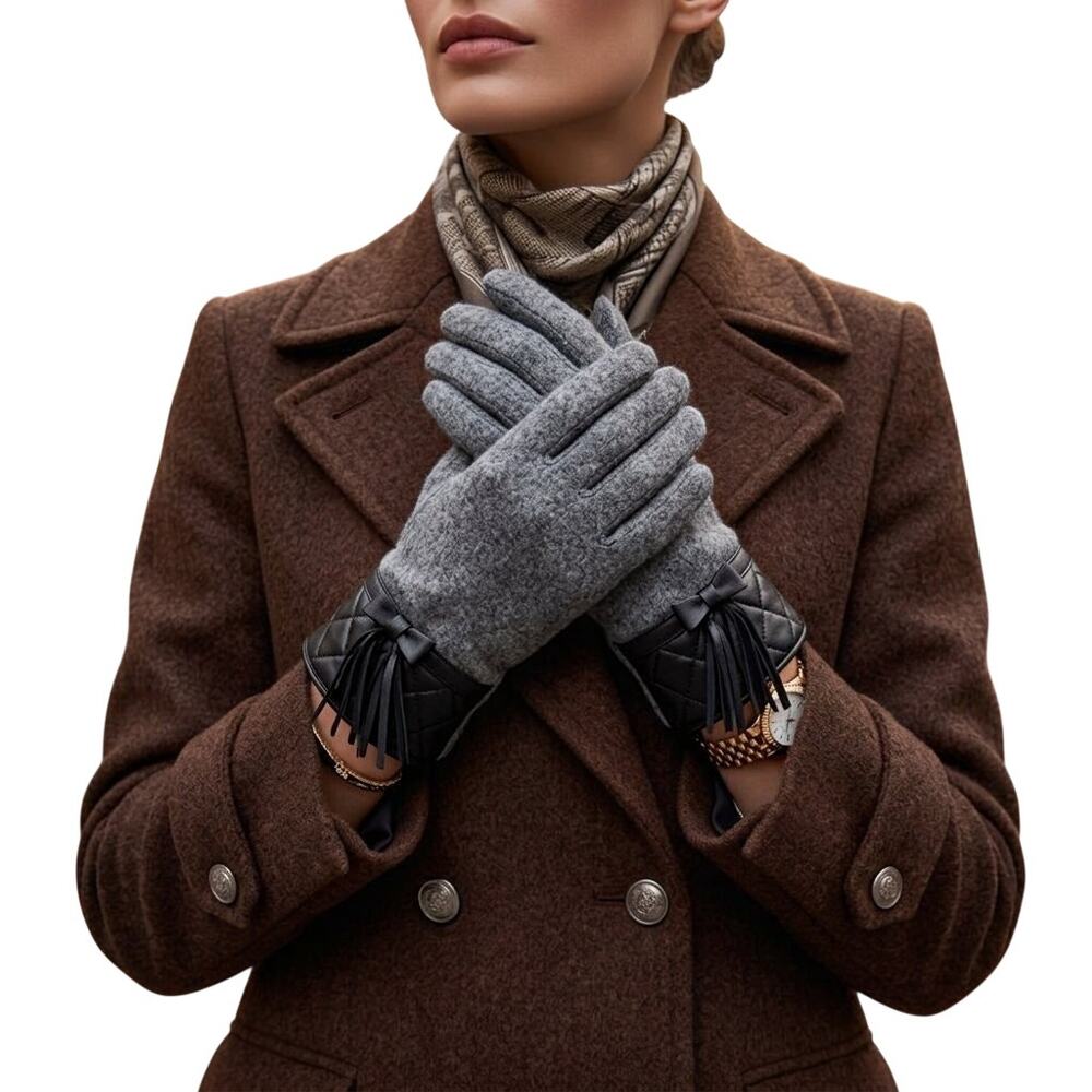 NEW SURELL 100% Wool Gloves Genuine Leather Trim Bow Fringe Gray Black SZ M